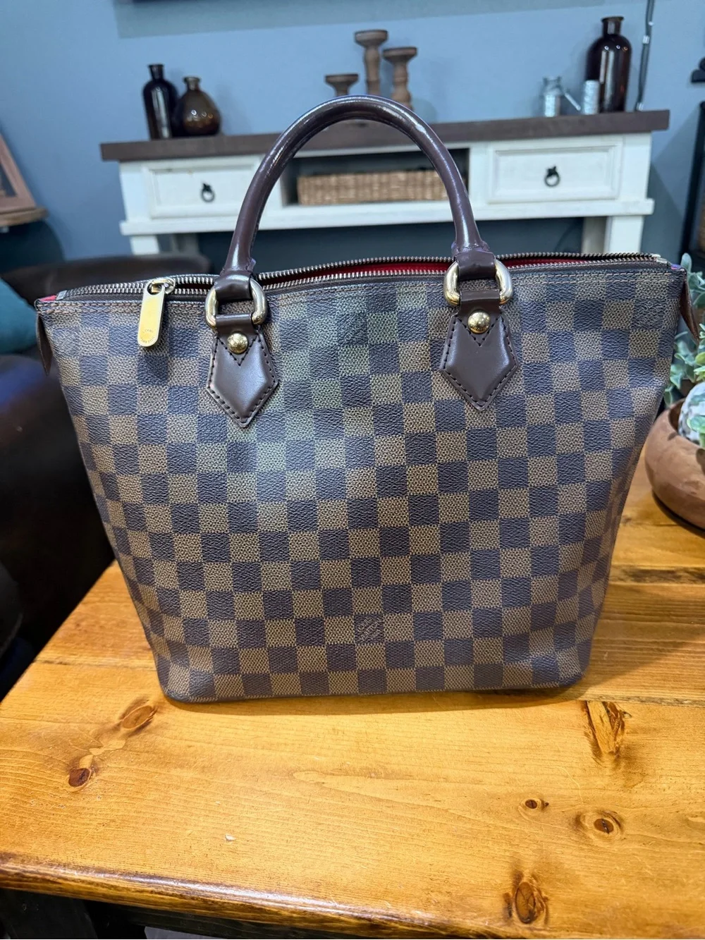 Authentic Louis Vuitton Saleya MM Damier Ebene Tote Handbag Red Interior